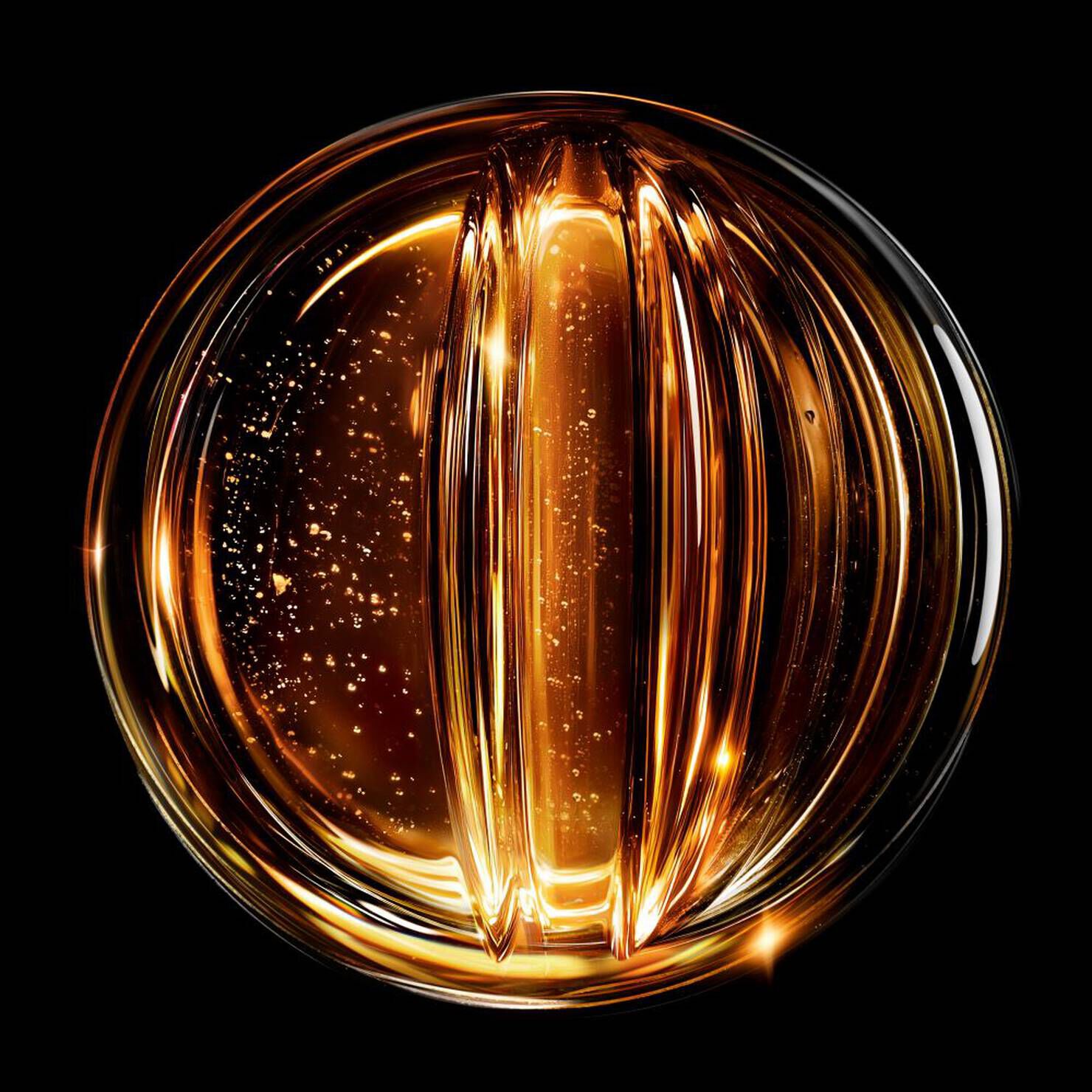 Boule eclatante en verre transparent, revelant des bulles dorees sur fond noir, creant une ambiance elegante et lumineuse.