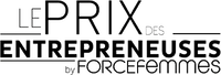 Logo stylise noir et blanc "LE PRIX DES ENTREPRENEUSES by FORCEfemmes", avec des lignes soulignees, annoncant un prix pour les femmes entrepreneures.