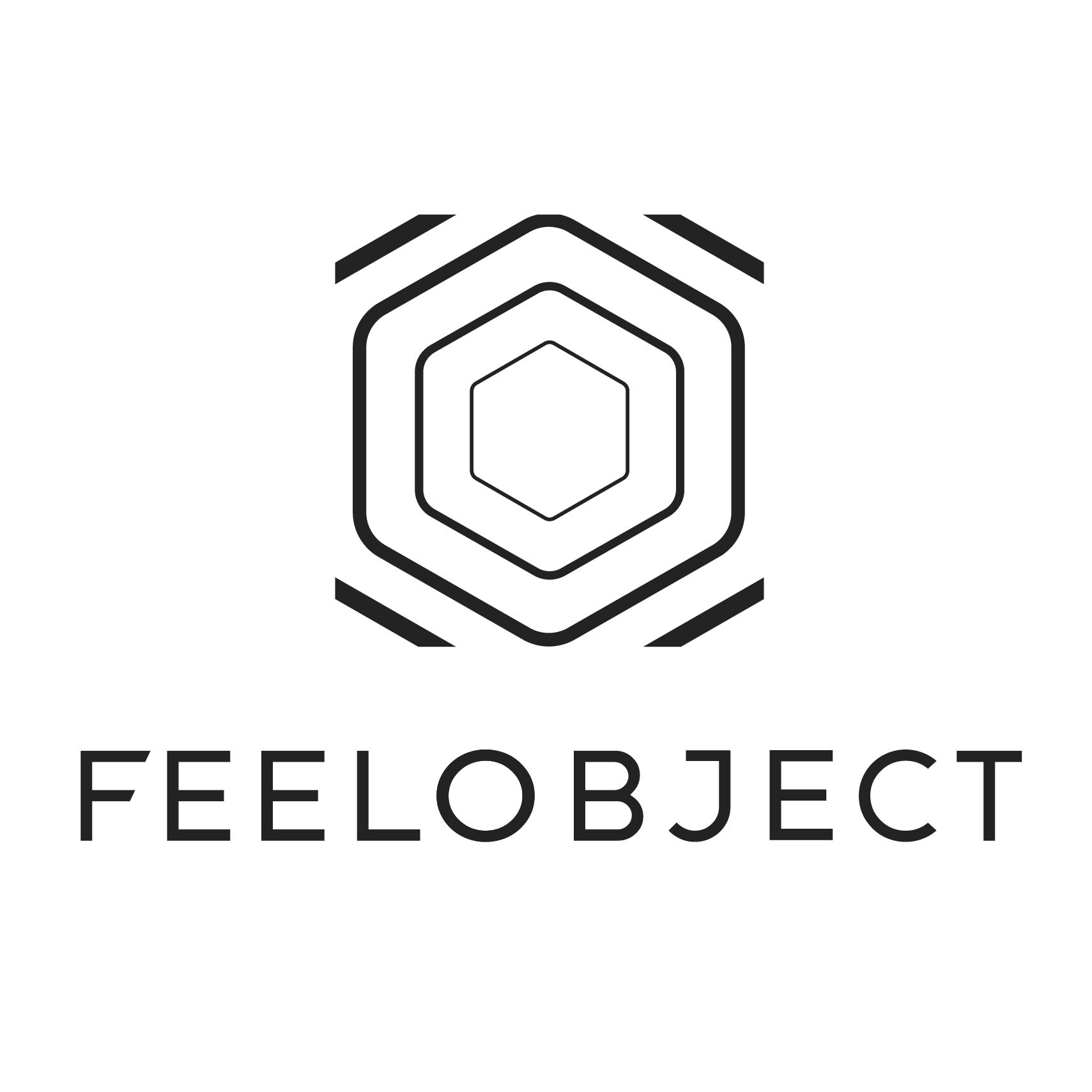 Logo noir "FEELOBJECT" avec un symbole abstrait geometrique (hexagones concentriques) au-dessus, sur un fond blanc pur.