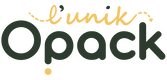 Logo "l'unik Opack" sur fond noir, "l'unik" en ecriture manuscrite jaune, "Opack" en vert fonce avec un point jaune a la place du "o", et un point d'exclamation.