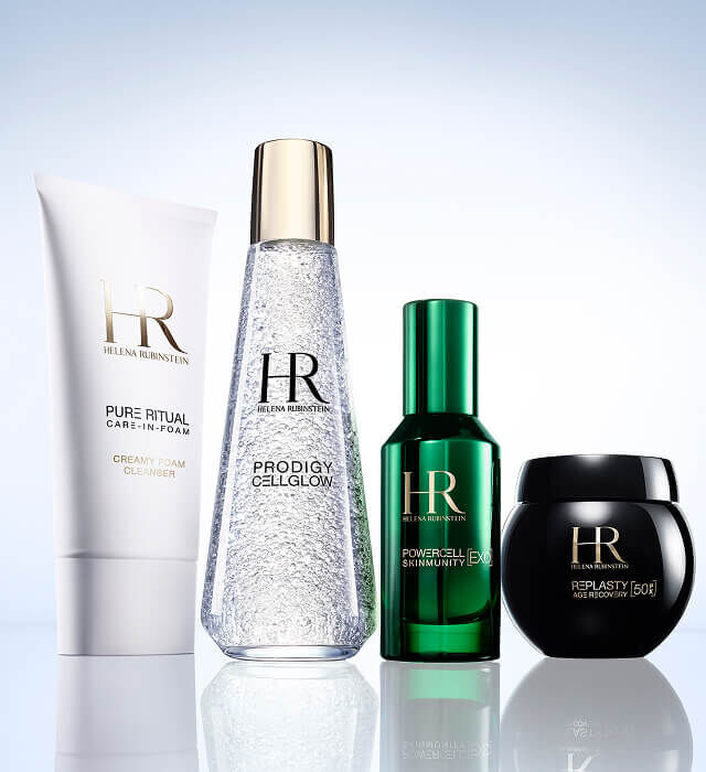 La routine de soins Helena Rubinstein, composee des produits Pure Ritual, Prodigy Cellglow, Powercell et Replasty.