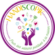 Logo circulaire colore "HANDISCOPIK", avec des mains levant des objets creatifs, entoure de texte "Pour des valeurs positives a la maison".