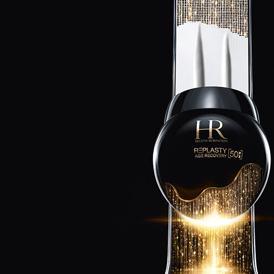Pot Replasty Helena Rubinstein, chiffre 50 dore et faisceau lumineux.​