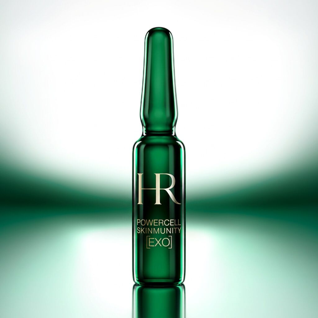 Une ampoule verte Helena Rubinstein Powercell [EXO] Shot posee sur une surface sombre reflechissante, illuminee par une douce lueur verte sur un fond degrade sombre.​